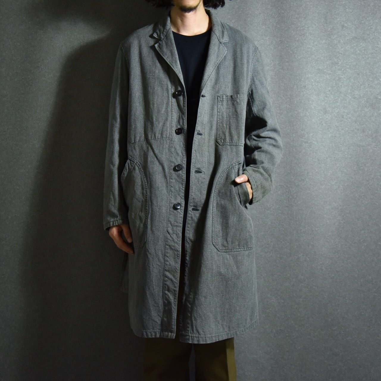 60s VETRA French Work Black Chambray Atelier Coat Salt&Pepper