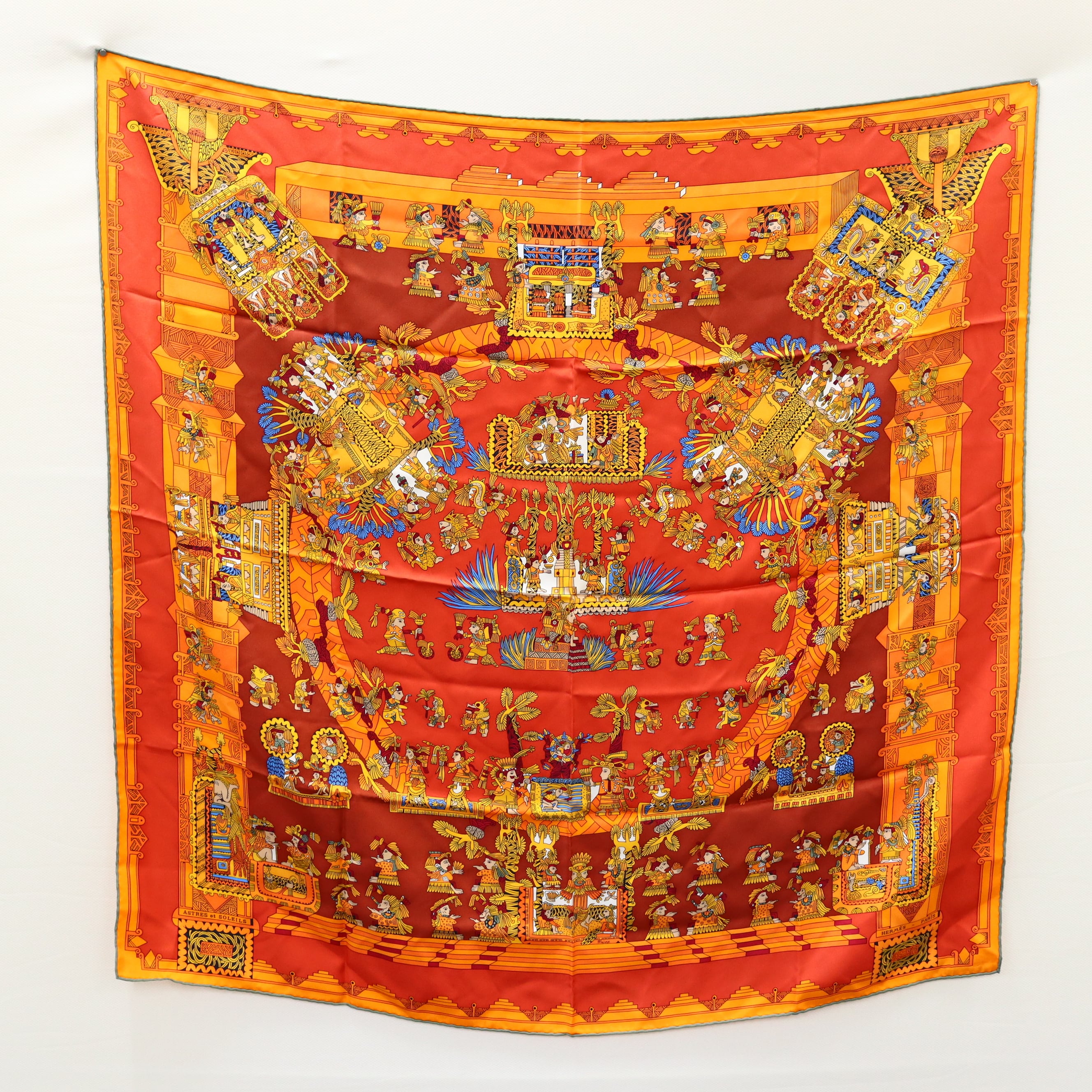 美品 HERMES エルメス カレ90 ASTRES et SOLEILS 天体と太陽 オレンジ