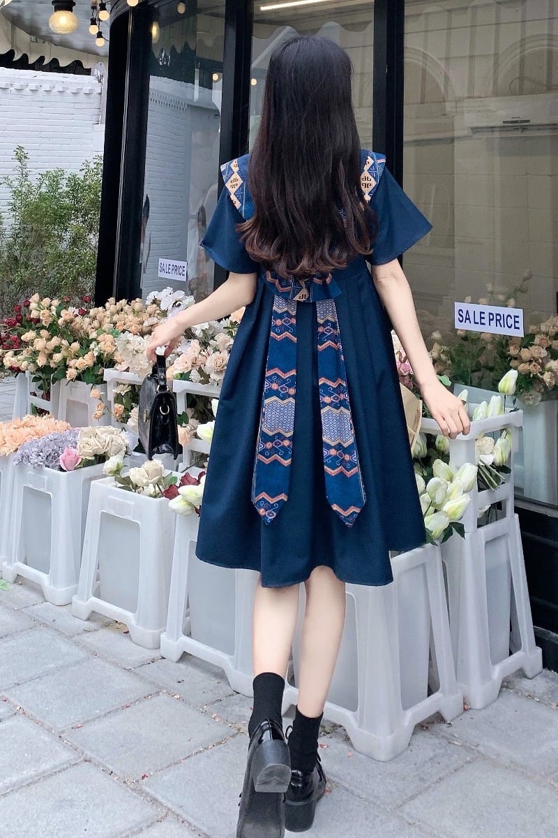ワンピース 襟 ネイビー 膝丈 半袖 夏 プリーツ 大きいサイズ