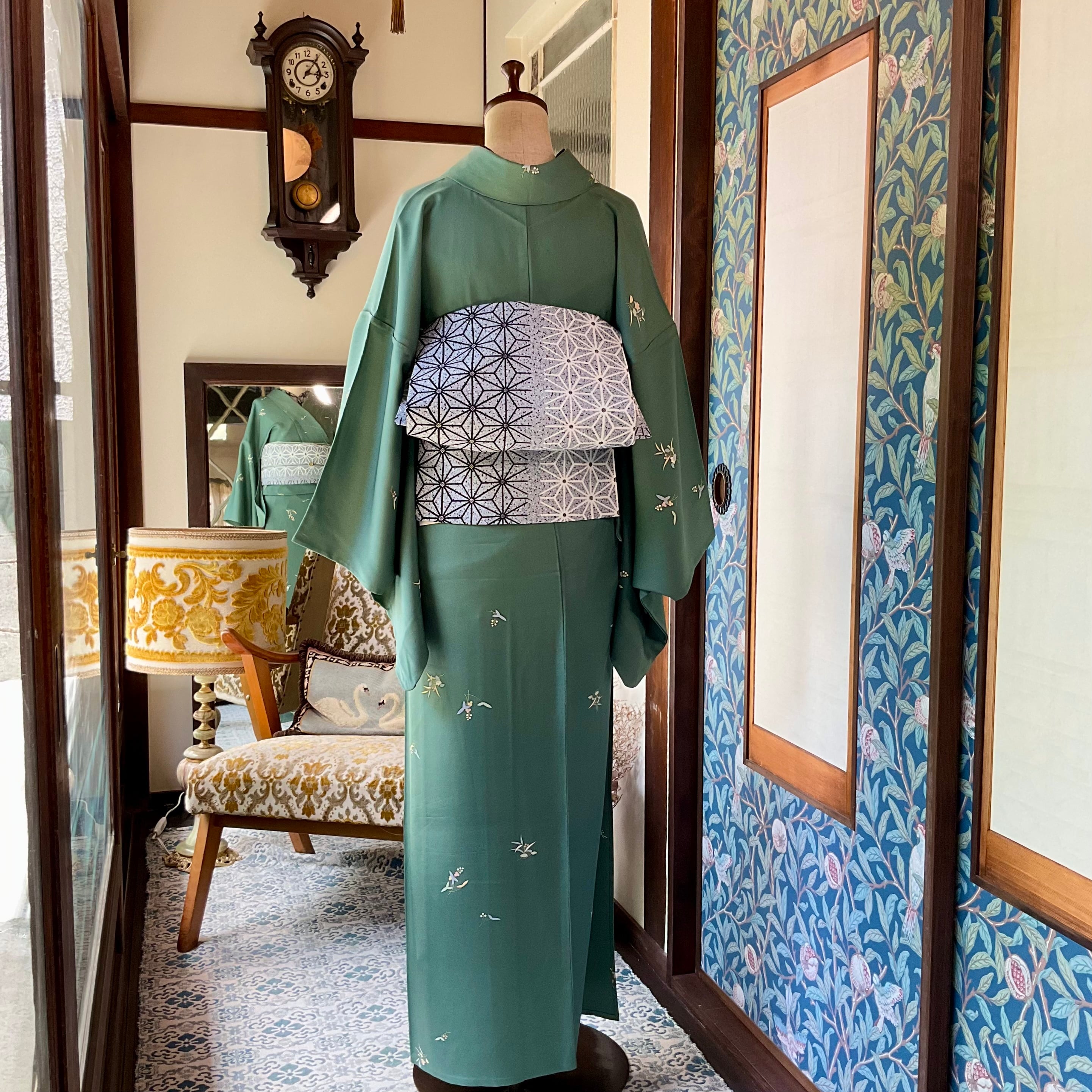 long＊単衣＊緑翡翠の美しさ＊花 モスグリーン 小紋着物 A640 | kimono