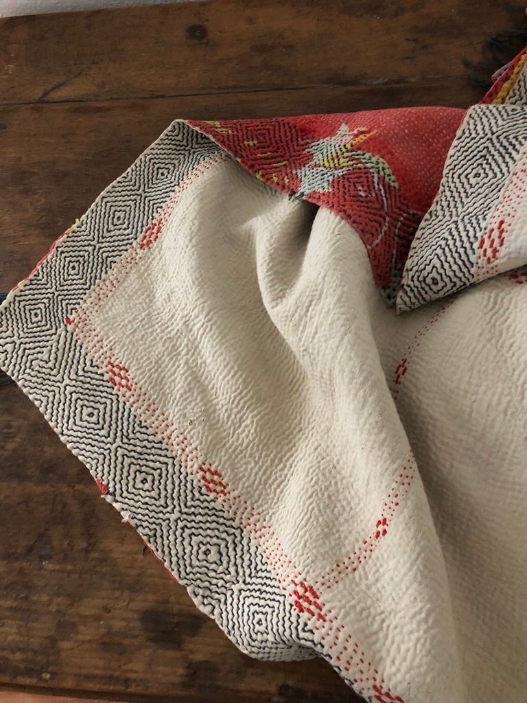 Vintage kantha quilt retro off white & orange ビンテージ