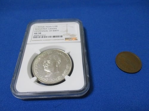 インド 10ルピー銀貨☆1969年／準未使用・極美品／ガンジー／NGC AU58