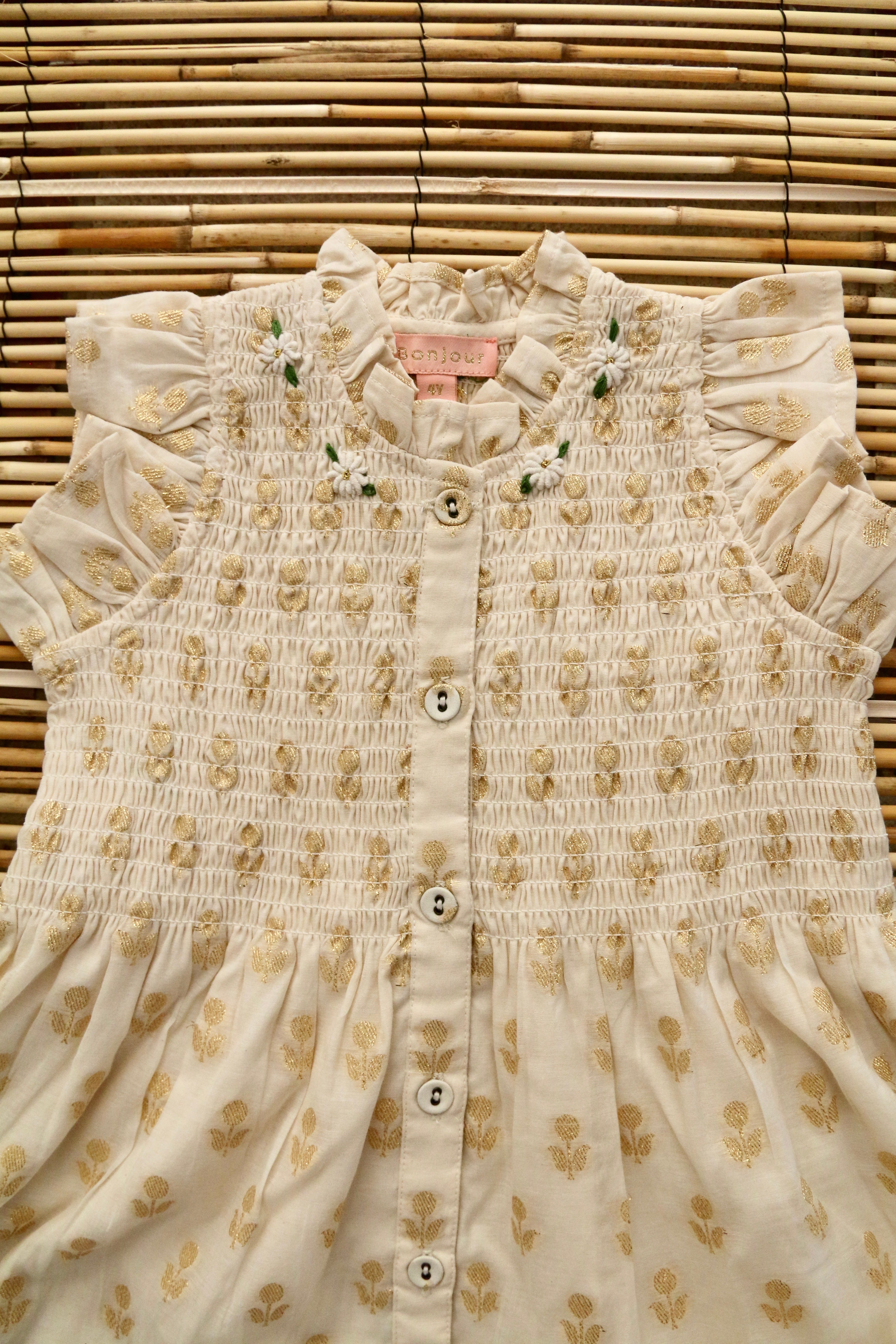 Ibiza Dress Flowers lurex ecru Chanderi 4y,6y / Bonjour Diary