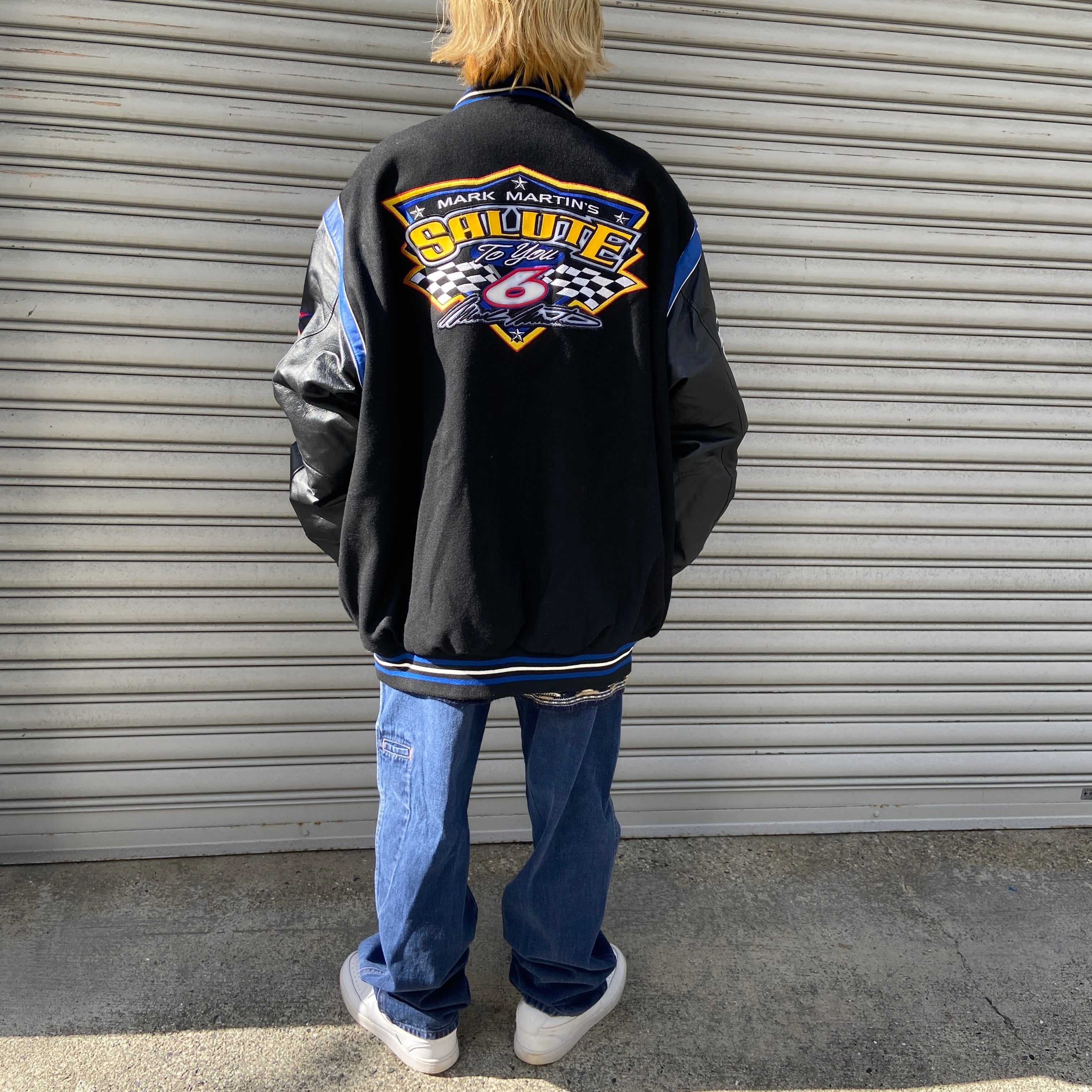 送料無料』90s レーシングジャケット リバーシブル 袖レザー4XL 黒
