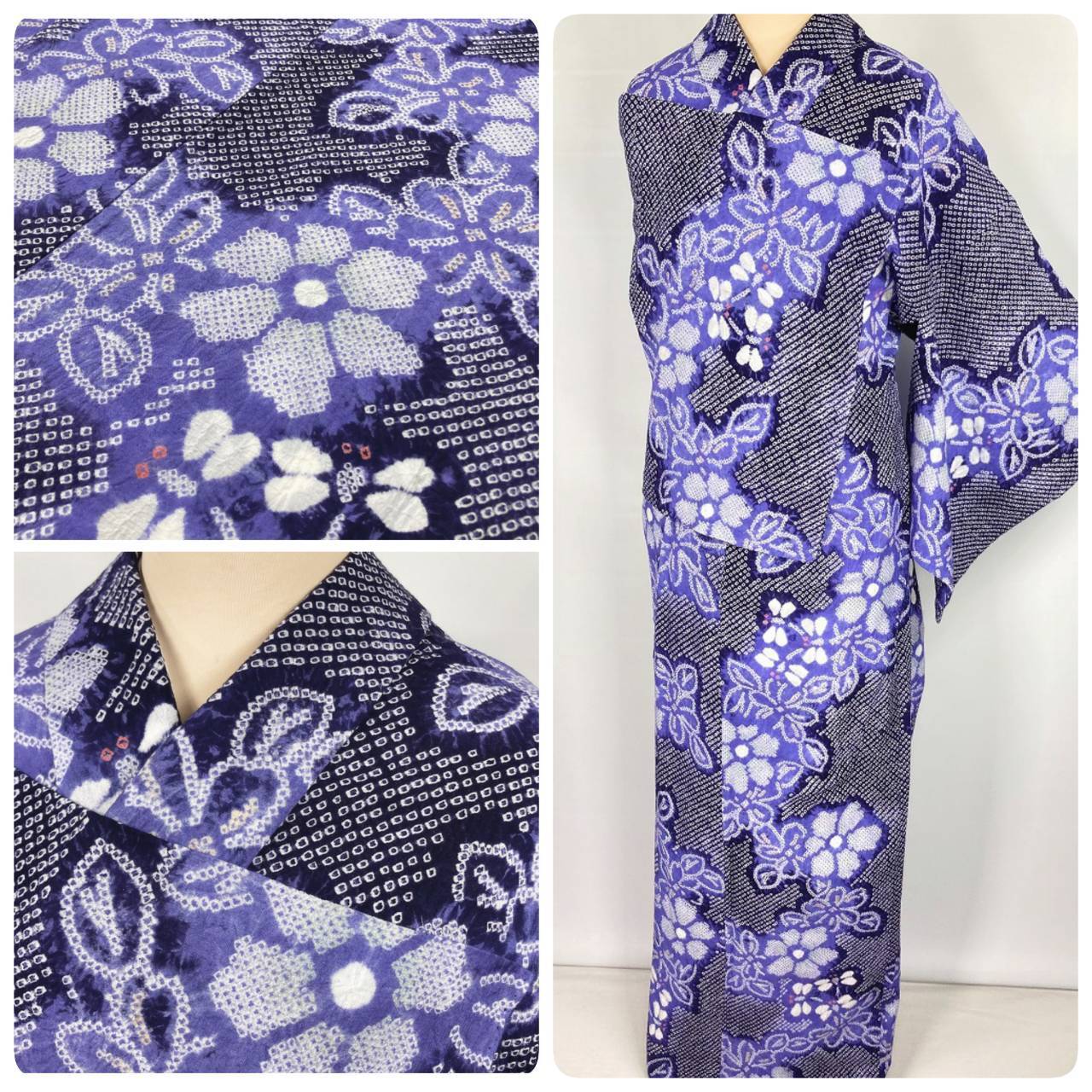 有松絞り【浴衣】広衿 トールサイズ 鉄線 トンボ 綿 有松鳴海絞り 紫