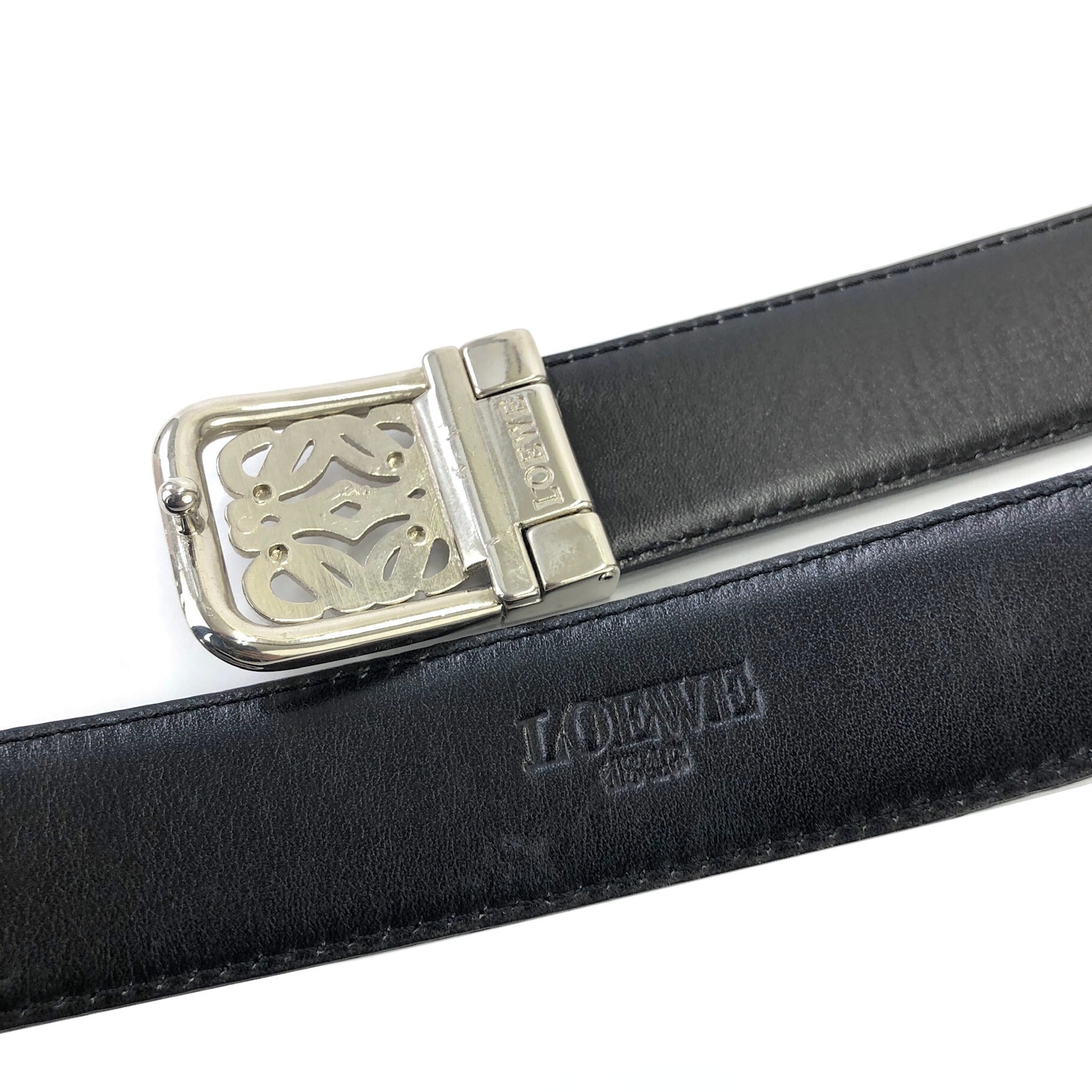 LOEWE ロエベ アナグラム レザー ベルト ブラック×シルバー vintage