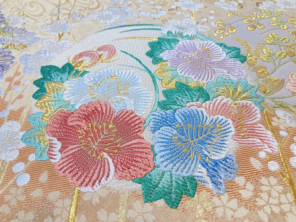 作家物 高級唐織り 袋帯 吉祥花柄 金糸 白 紫 青 オレンジ ピンク 414