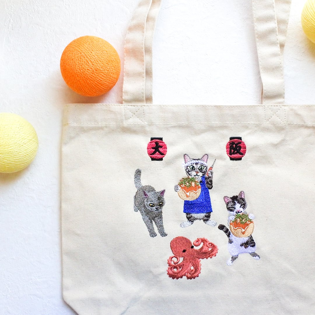 たこ焼き＆猫の刺繍トートバッグ｜大阪ご当地猫刺繍 | コイトネコ