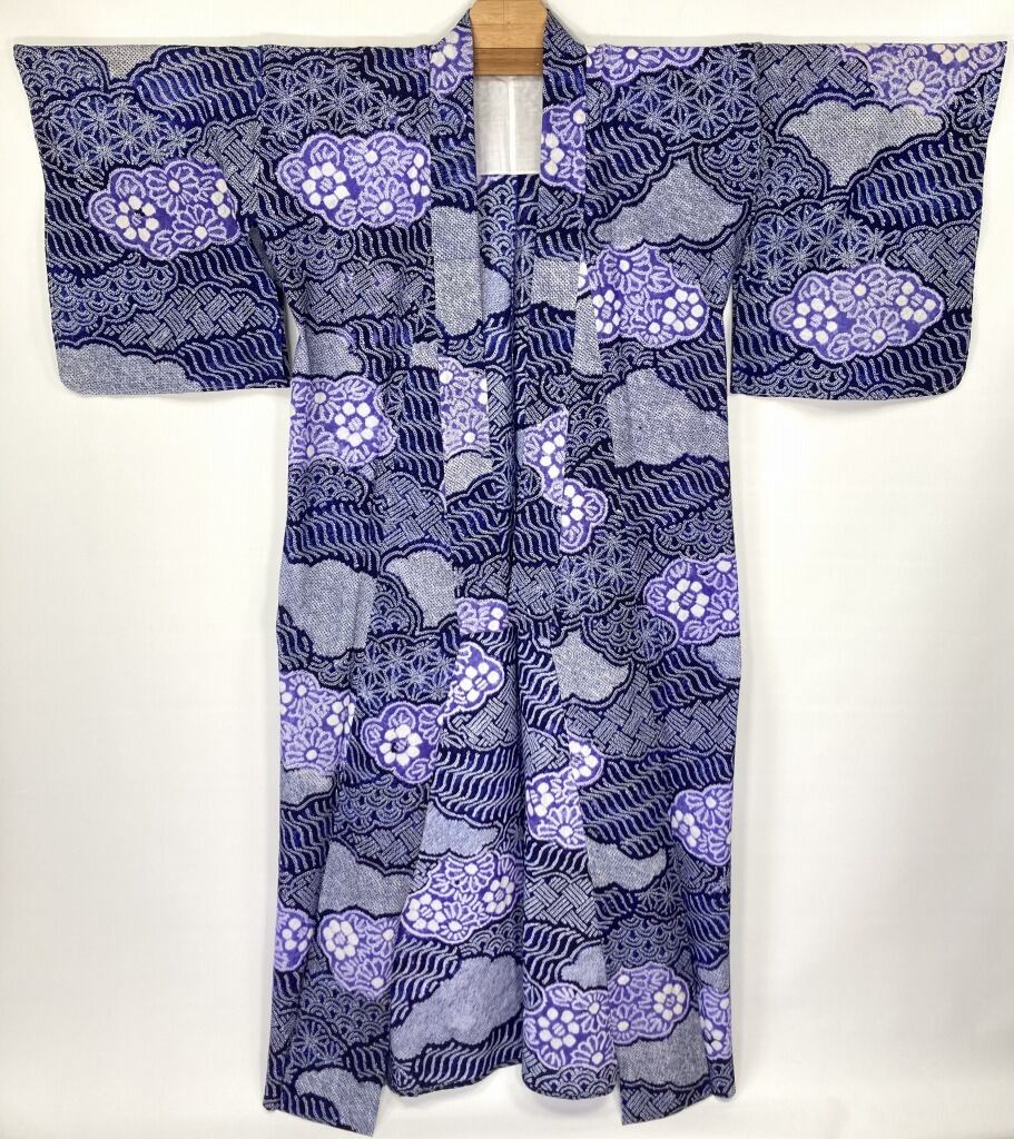 有松絞り【浴衣】未使用 麻の葉 夏着物 綿 有松鳴海絞り 紺 藍色 紫