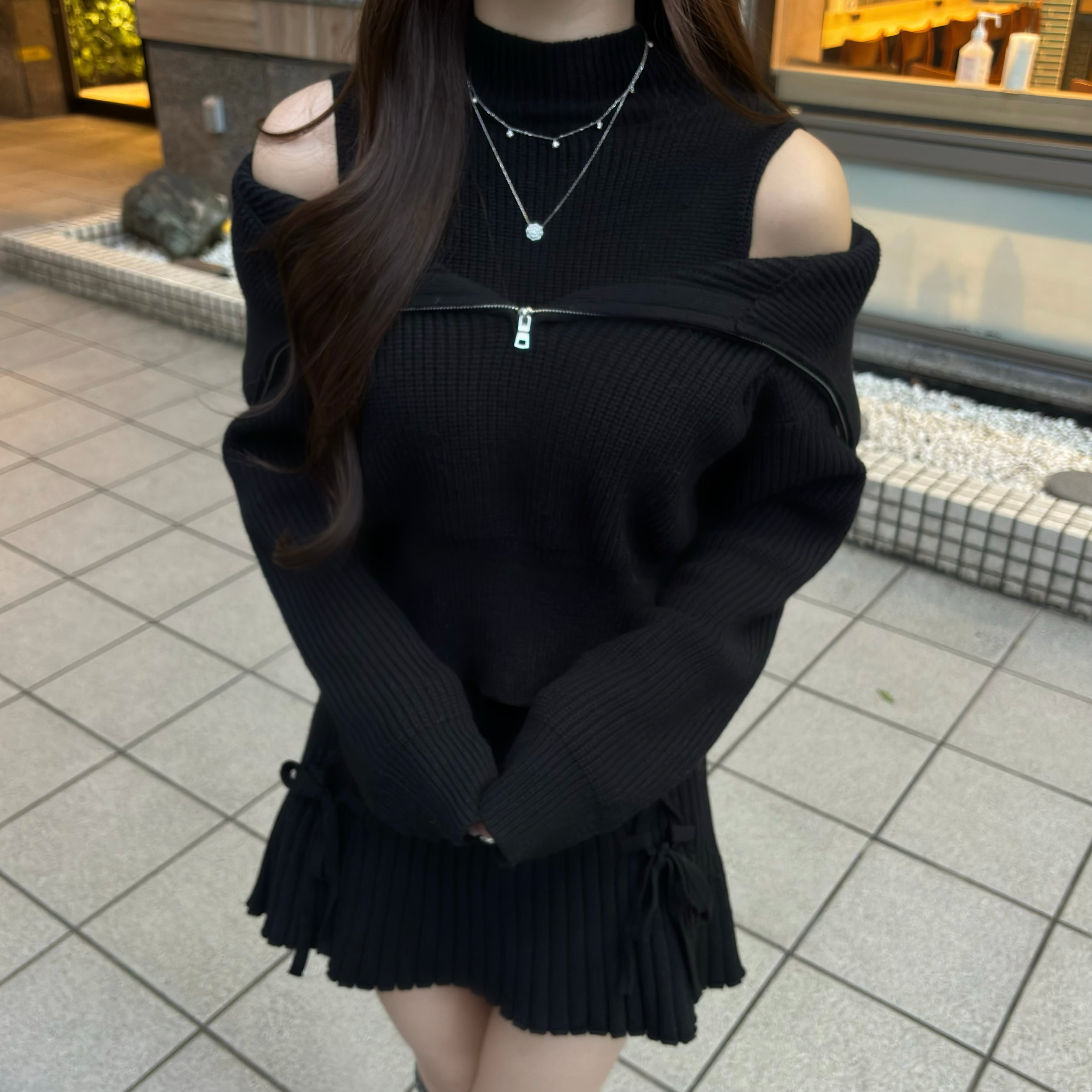 Lumignon original ♥ off shoulder zipper knit ribbon skirt set up