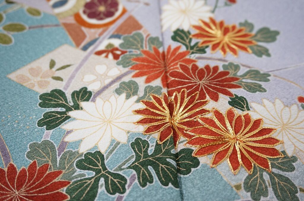 染め分け 金駒刺繍 京友禅 吉祥文 訪問着 正絹 紫 黄緑 571 | kimono