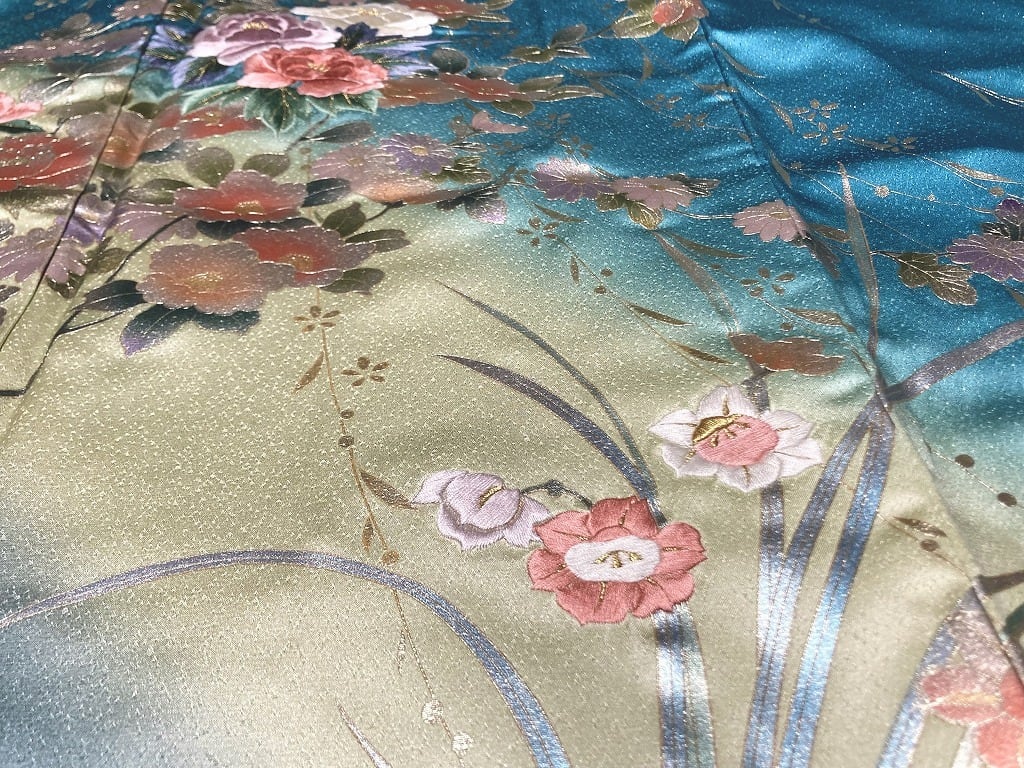手刺繍 金彩友禅 銀通し 未使用 訪問着 花柄 正絹 エメラルドブルー 青