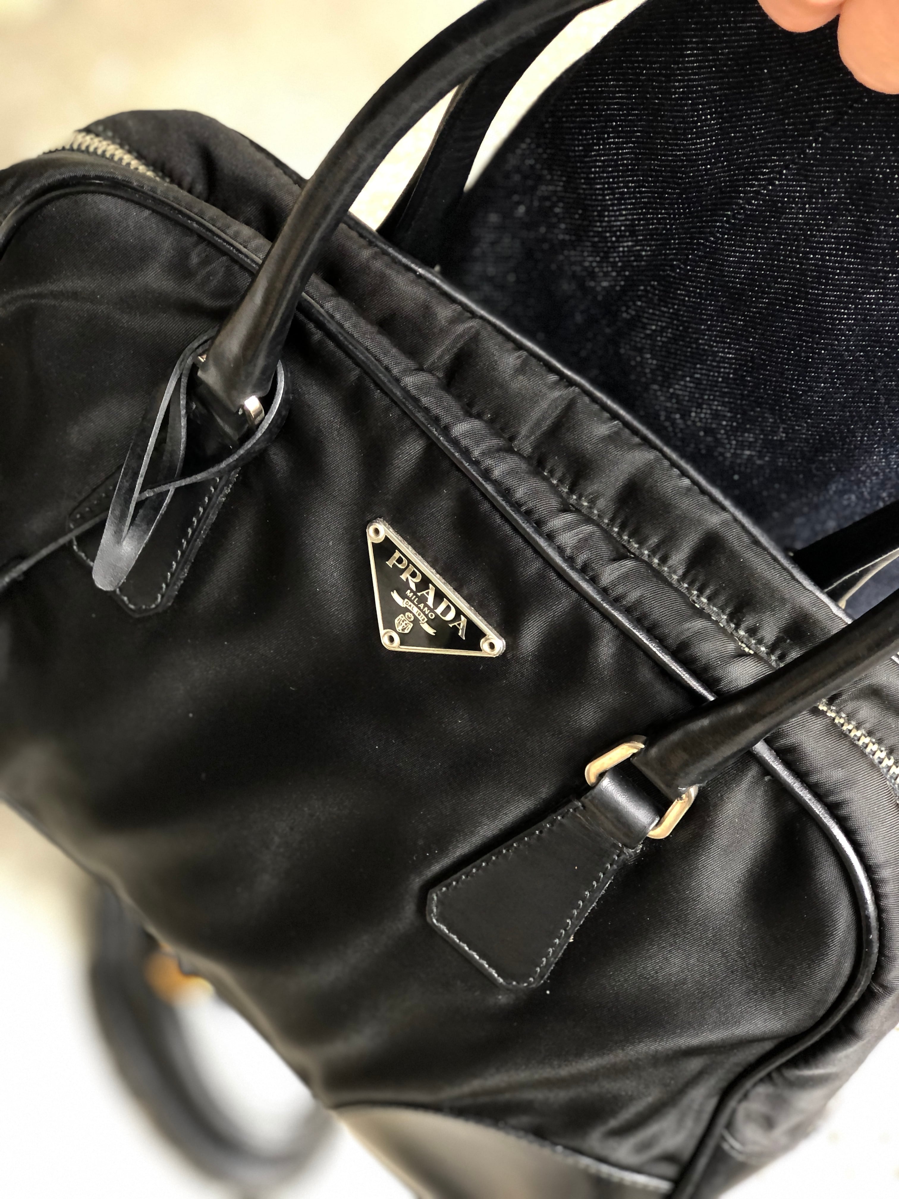 PRADA プラダ ロゴプレート レザー×ナイロン コーナー ミニボストン