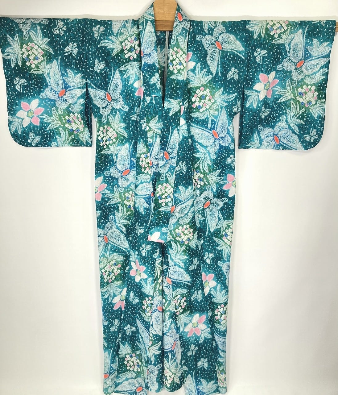 有松絞り【浴衣】未使用 蝶 綿 夏着物 青緑 黄緑 ピンク 赤 碧色 098
