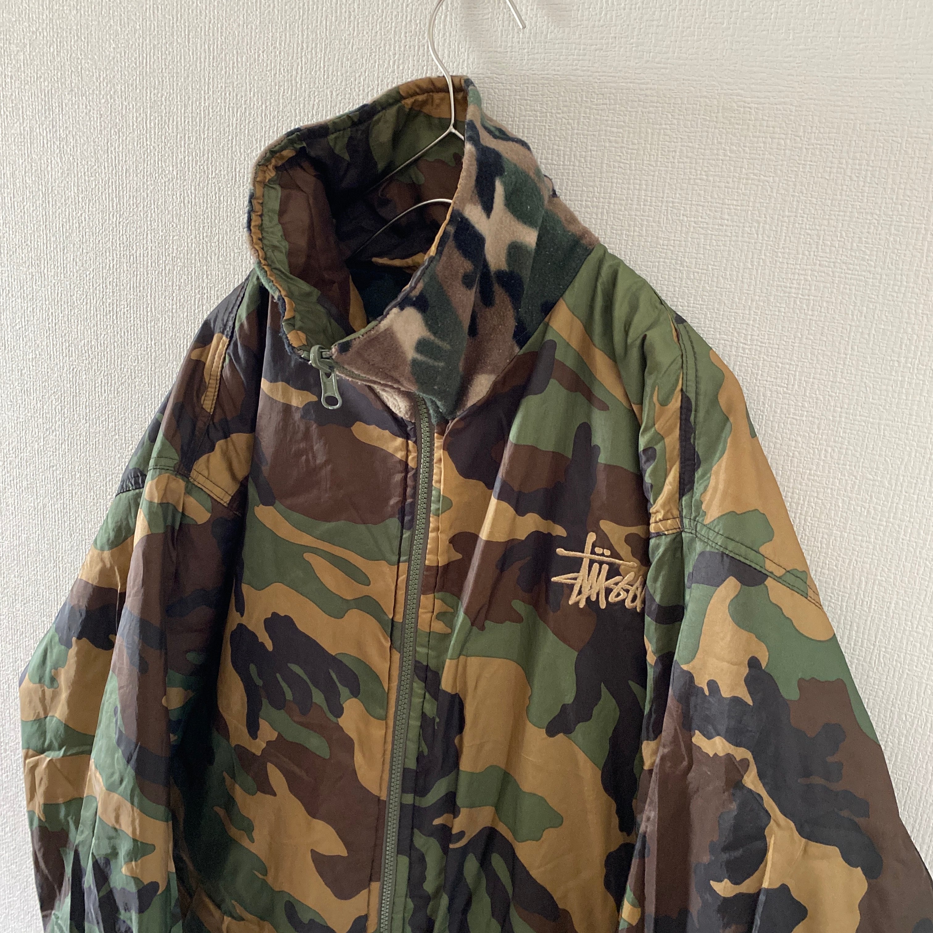 90sStussyステューシーリバーシブルダウンジャケットフリース迷彩