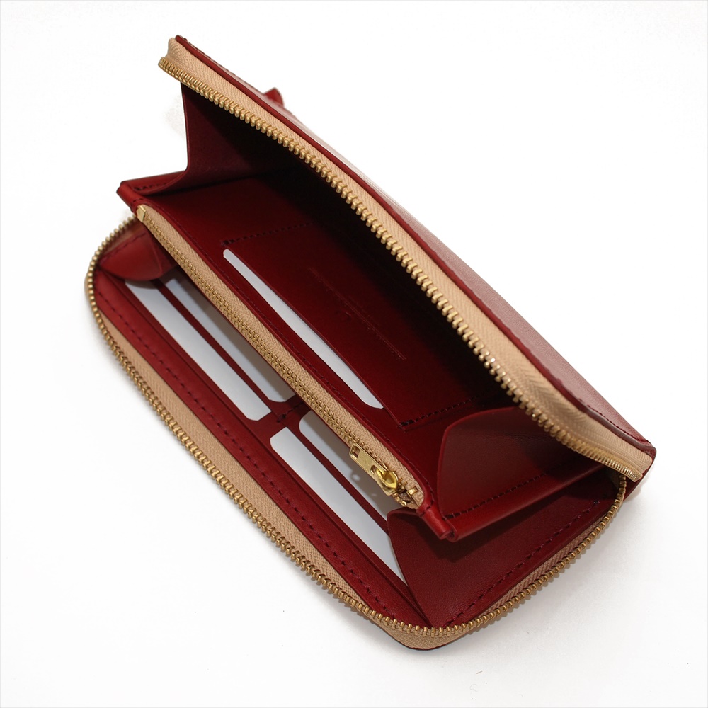 OM-489 栃木レザーワインレッド牛革ラウンドファスナー長財布 外周