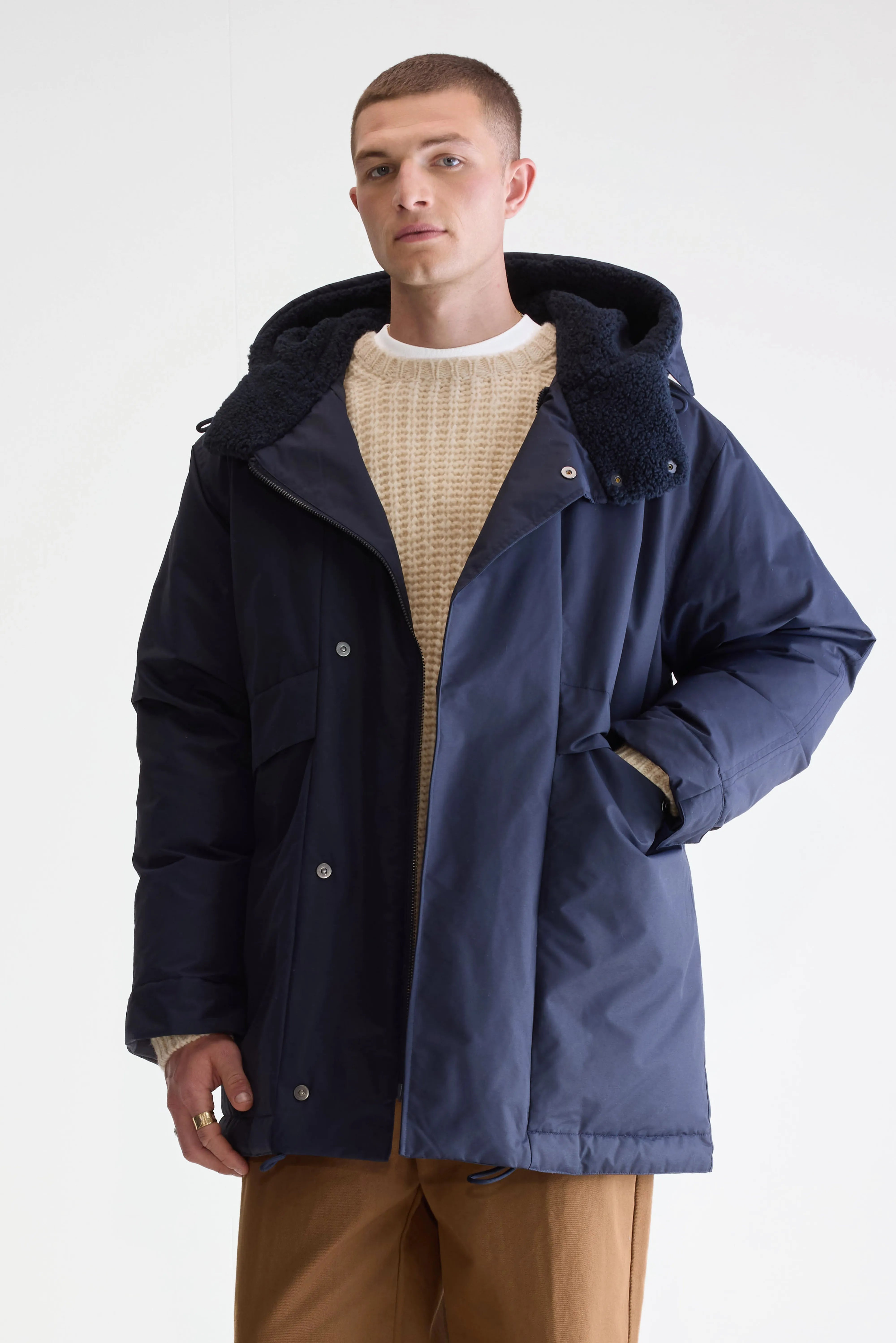Navy mid-length hooded parka for men | Bellerose