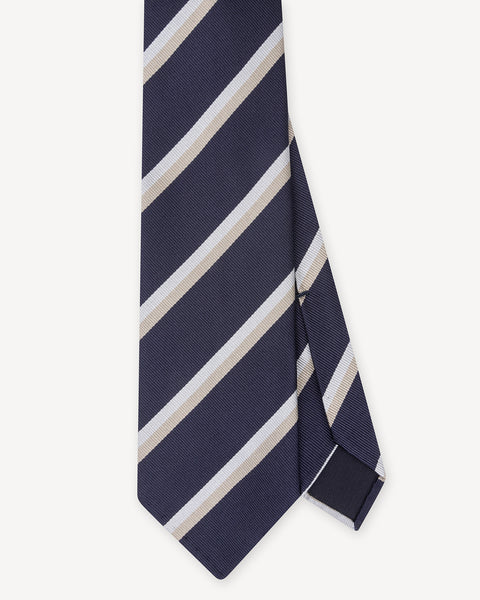Navy Champagne and White Regimental Stripe Repp Tie | Besnard