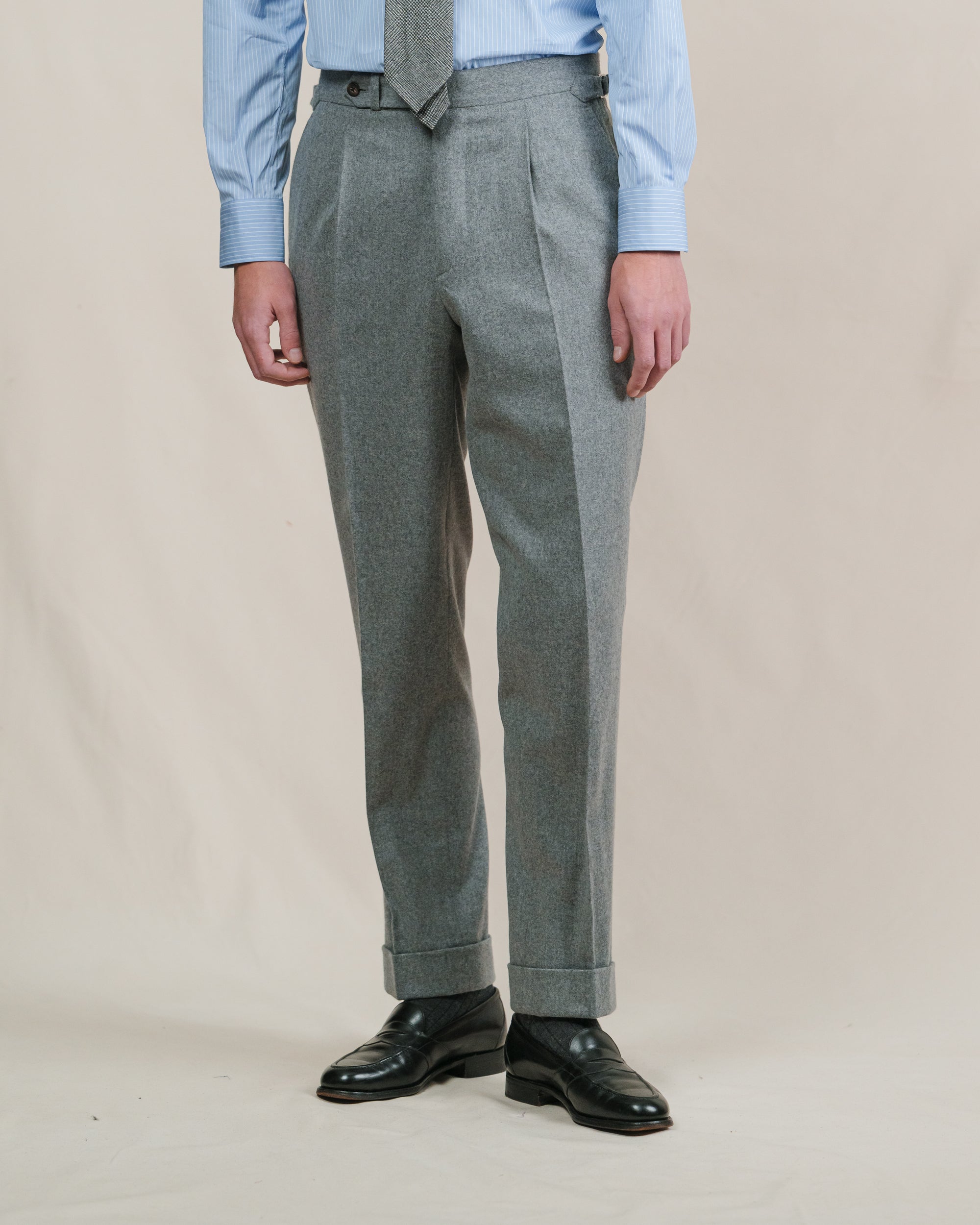 Light Grey Flannel Trousers | Single Pleat with Side Adjusters