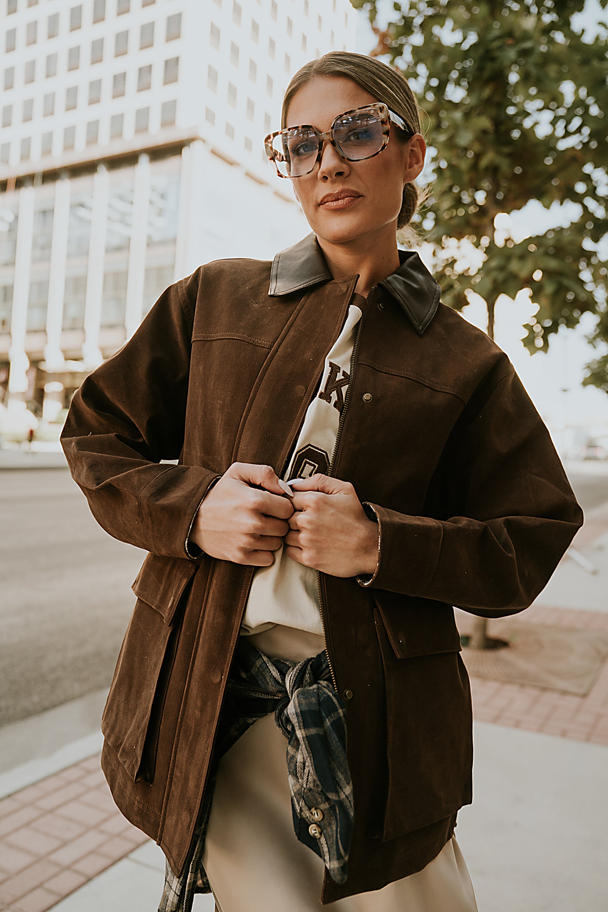Carly Vegan Leather Jacket in Brown