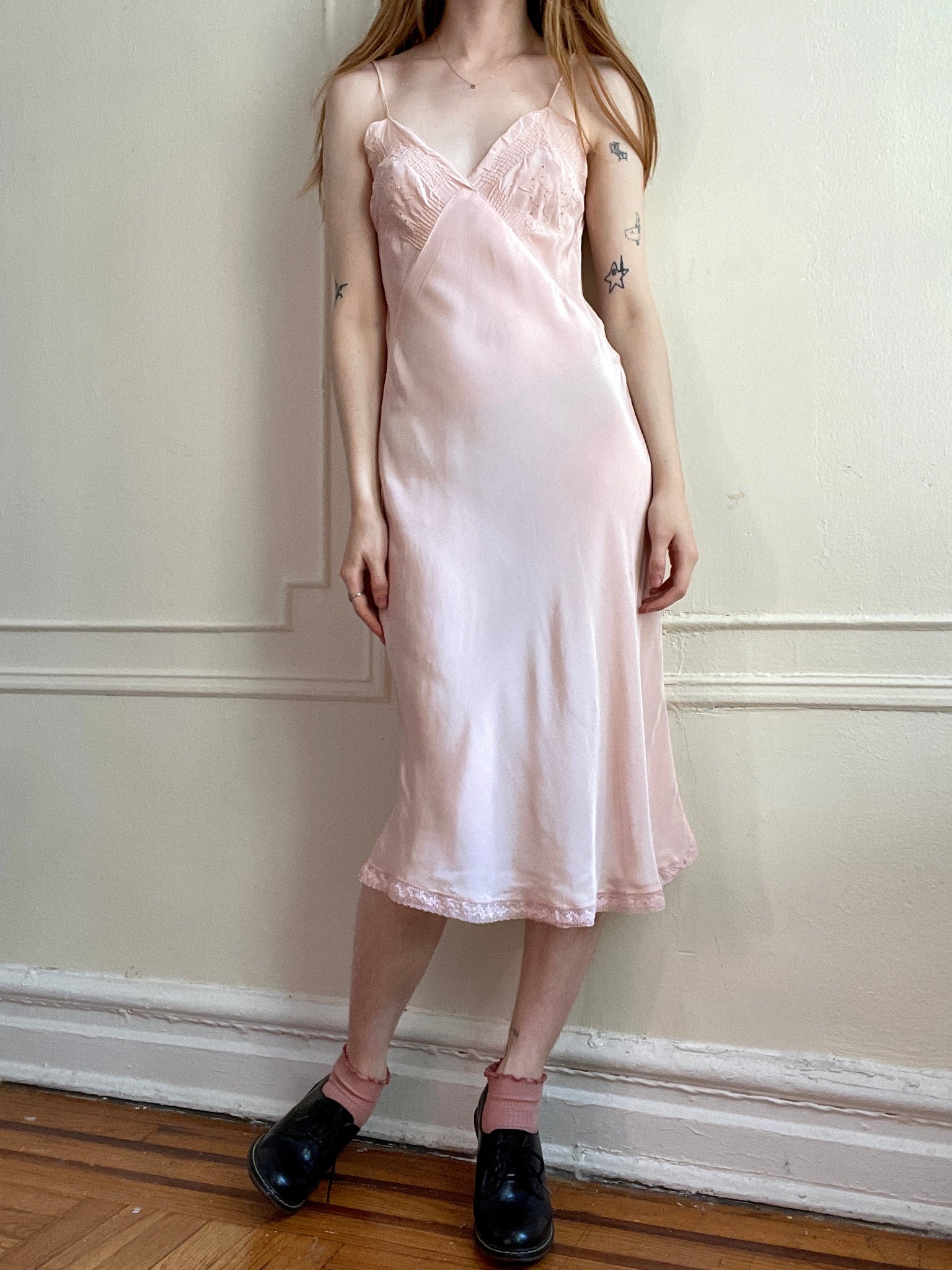 1940s Blush Pink Rayon Bias Cut Midi Slip Dress Antique Handsewn