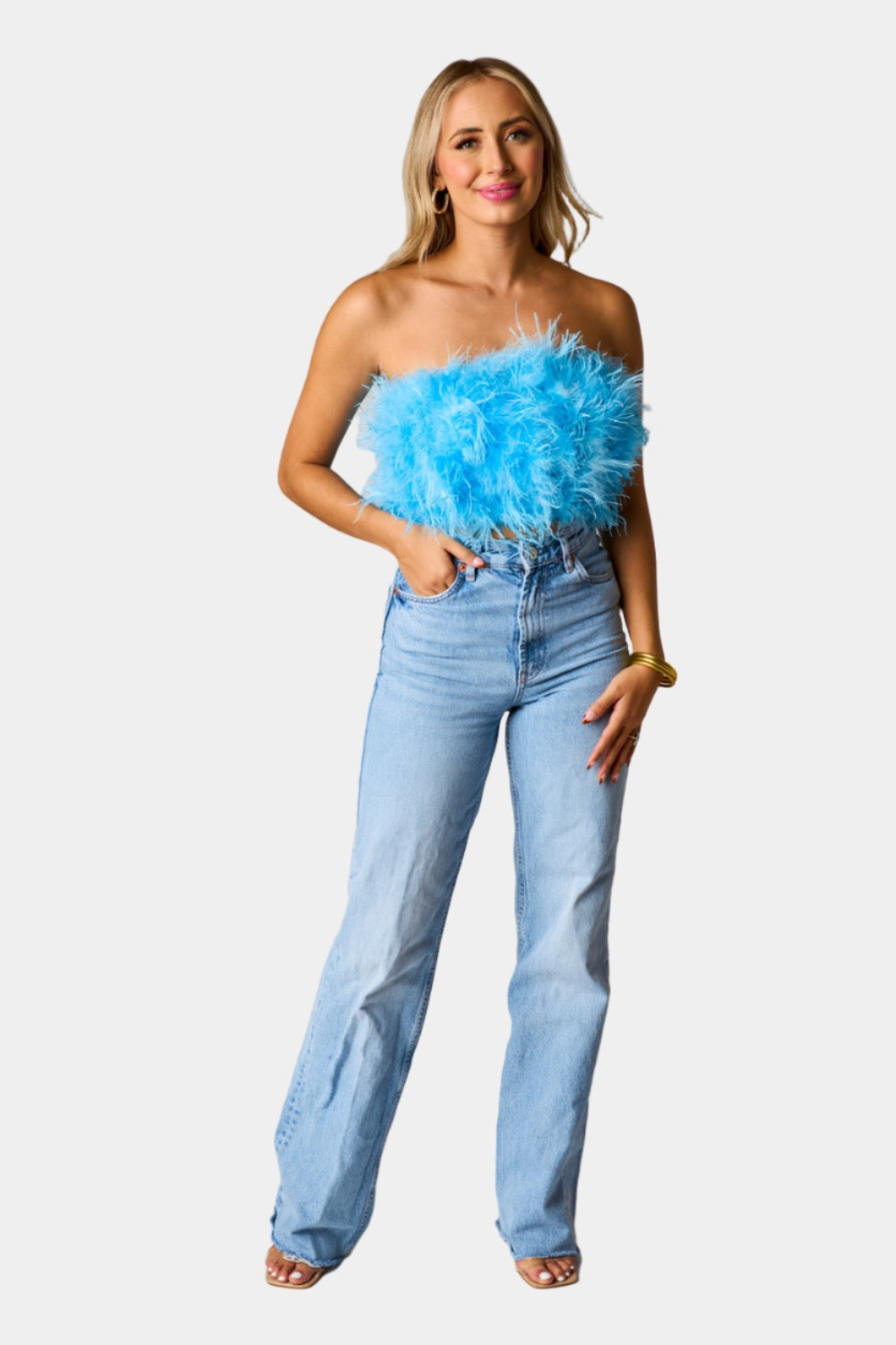 BuddyLove | Fancy Strapless Feather Crop Top | Azure Blue