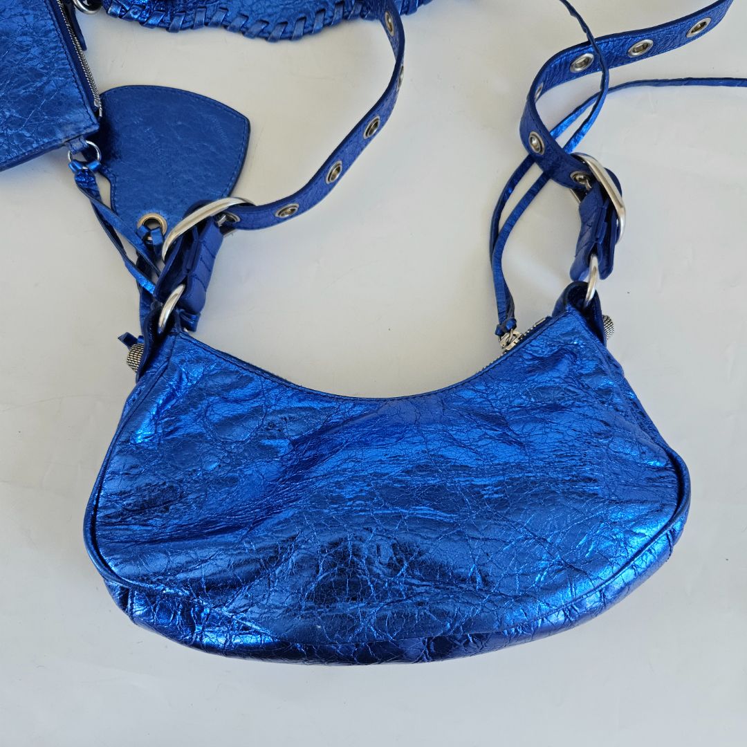 Balenciaga Le Cagole XS Blue Metallic Leather Shoulder Bag - BOPF