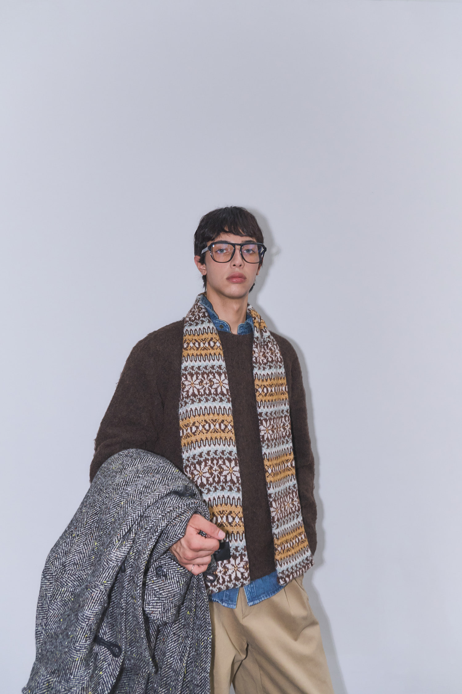 UNISEX フェアアイル柄ニットマフラー [BROWN]