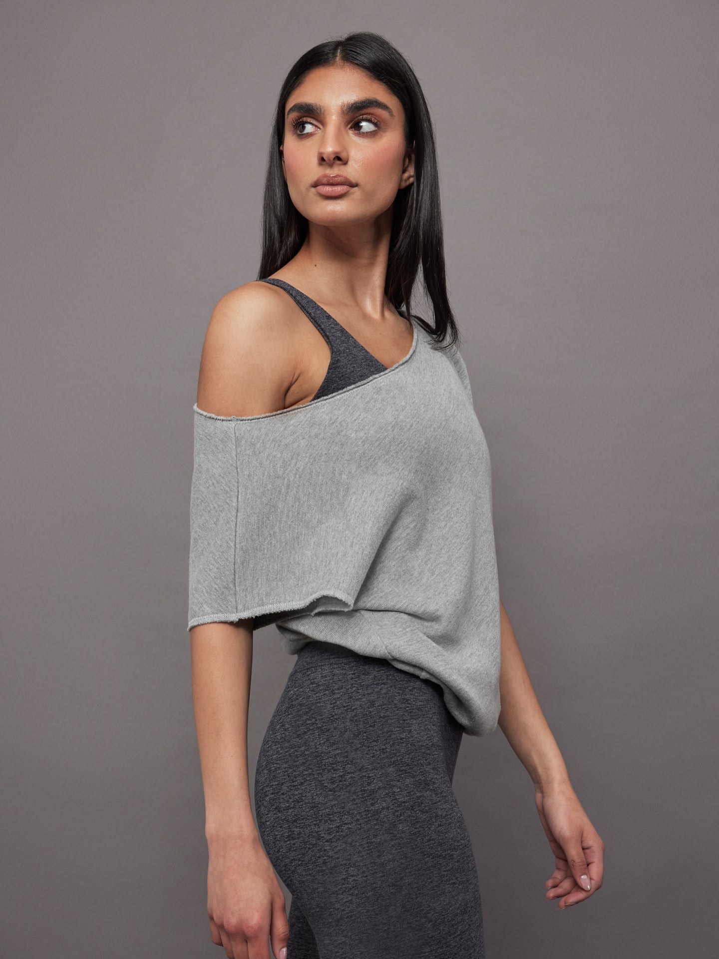 Short Sleeve Off Shoulder Sweatshirt in French Terry - Heather