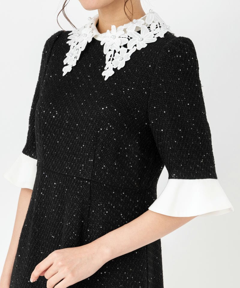 Leja レジャ 花柄レースカラースパンコール刺繍Aラインドレス ブラック