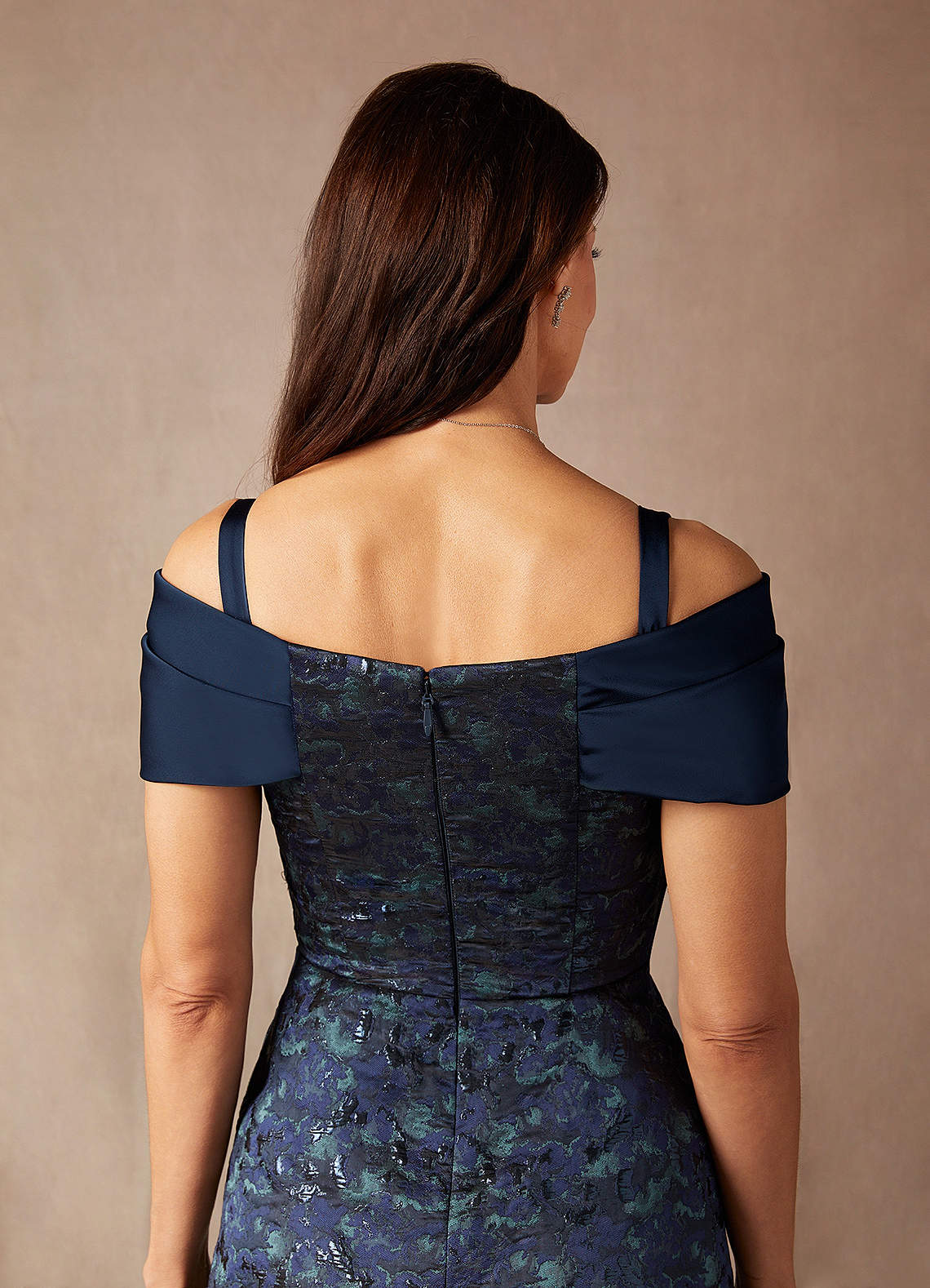 Azazie Amelia Dark Navy A-Line Off the Shoulder Jacquard Dress