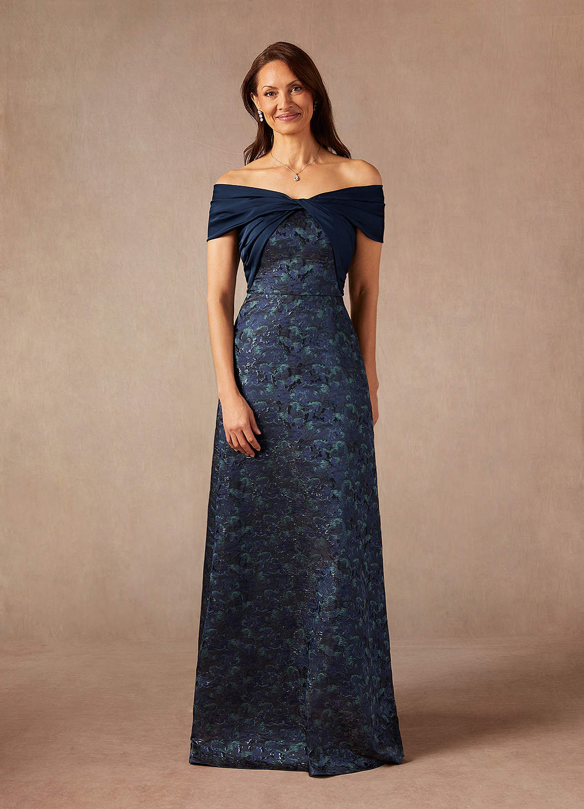 Azazie Amelia Dark Navy A-Line Off the Shoulder Jacquard Dress