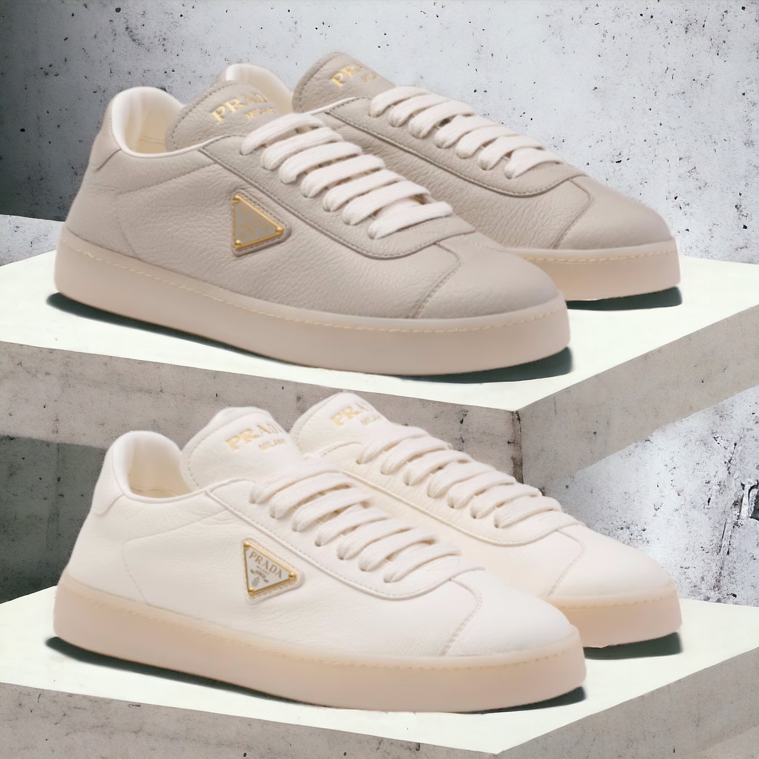 PRADA 直営店より レザー スニーカー メタルロゴ付 (PRADA/スニーカー