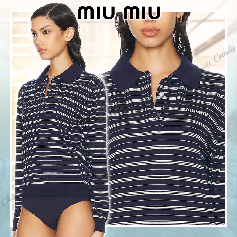 24SS NEW】MiuMiu_women / コットンジャージー 長袖ポロシャツ (MiuMiu