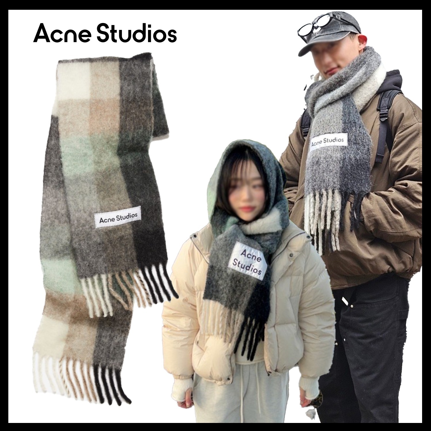 Acne Studios】Mohair Check Scarf Grey Green Black/追跡付 (Acne