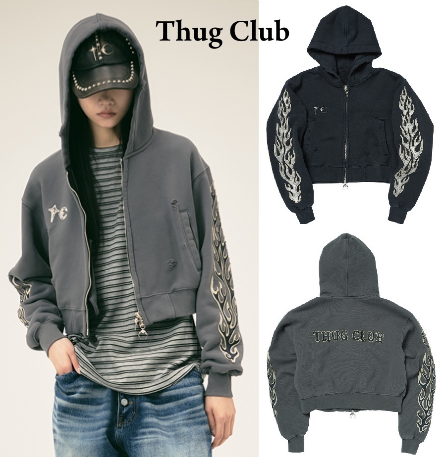 Thug Club】Leather Flame Cropped Hooded Zip-Up (Thug Club/パーカー