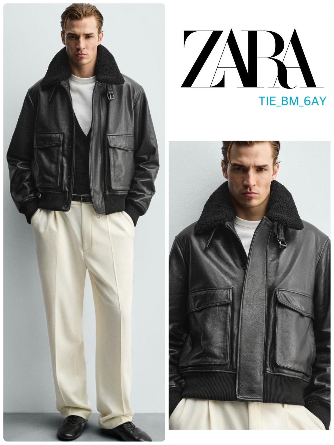 ZARA コンビカラーレザージャケット ブラック 上品エレガント (ZARA