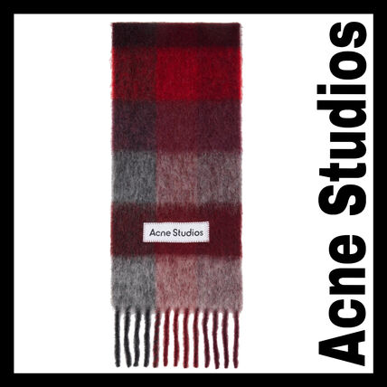 Acne Studios レッド&グレー チェック フリンジ マフラー Acne Studios