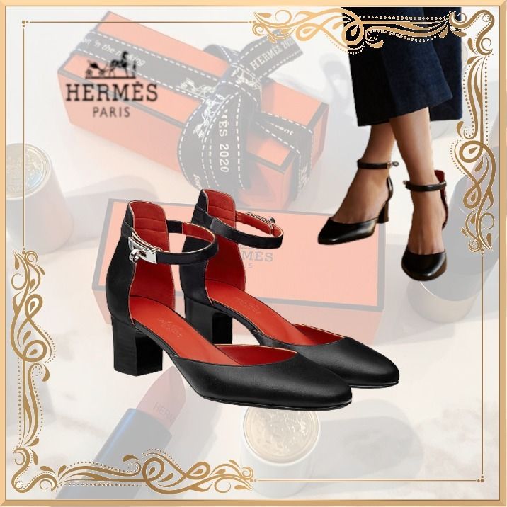 大人気! 【エルメス】 ベビー 55 パンプス ヒール レザー 黒 (HERMES