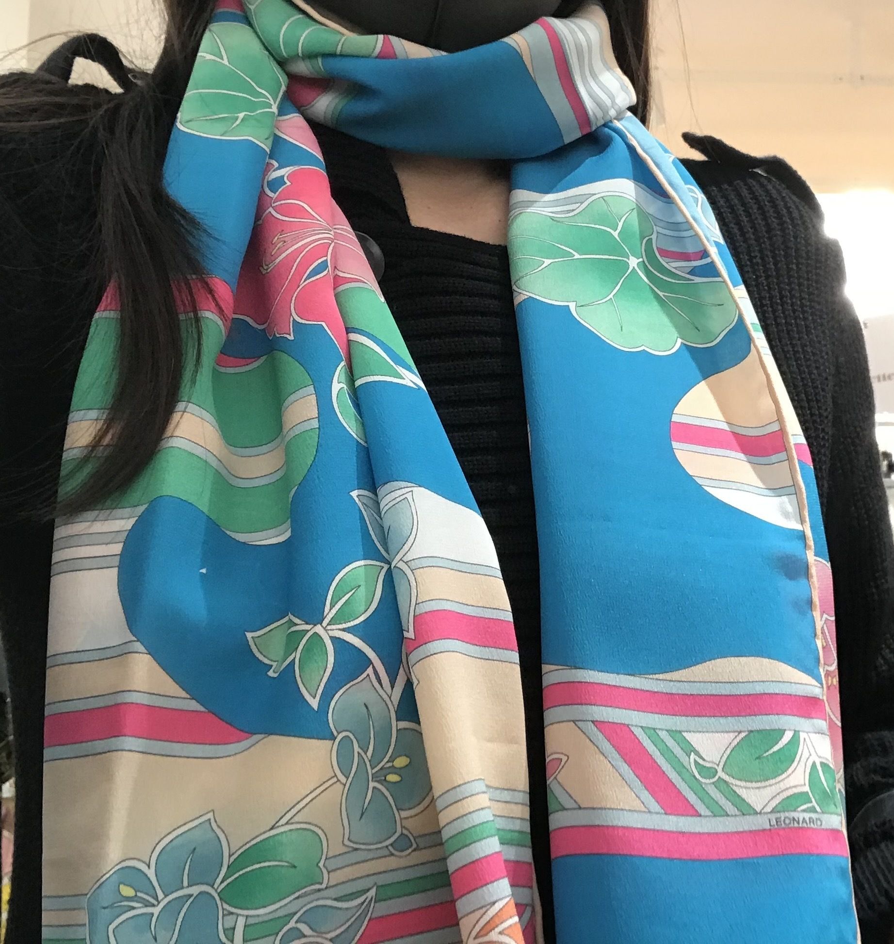 即発 LEONARD レオナール スカーフ ストール 花柄 シルク ブルー