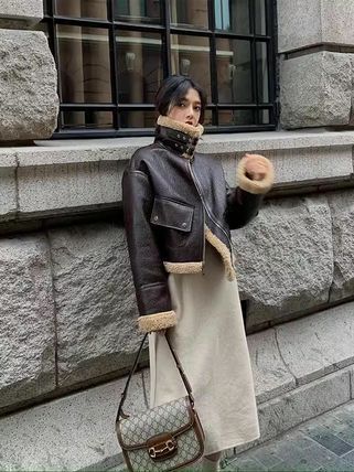 ムートンジャケット レザー アウター ショート丈 上品 大人 ボア