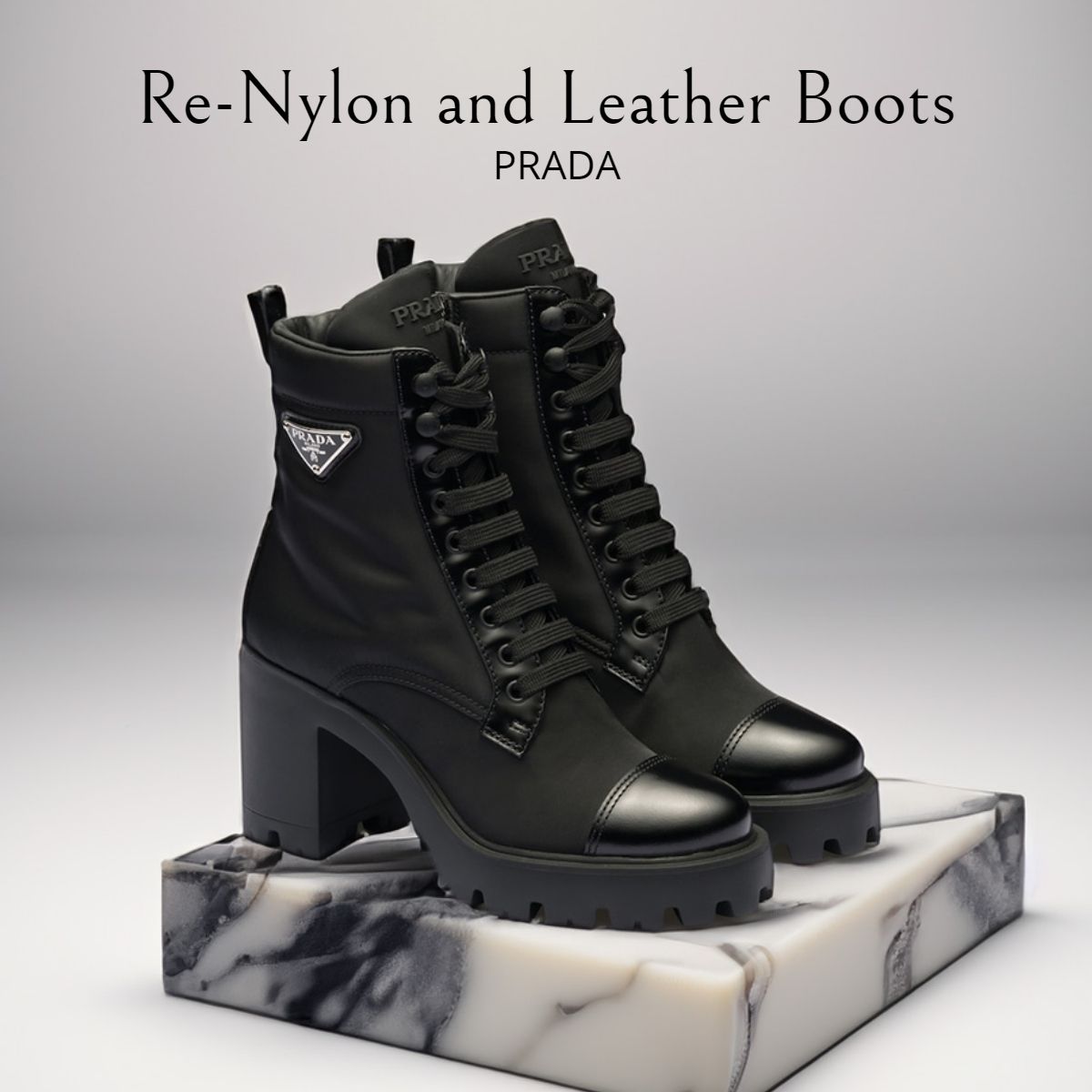 新作*PRADA*ロゴ入レザー&ナイロンミドルブーツ 8.5cmヒール (PRADA