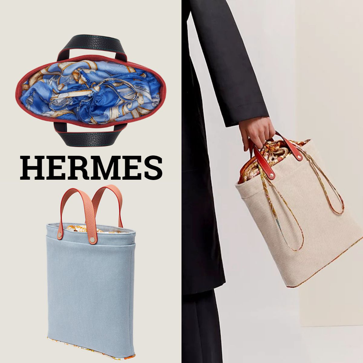 HERMES*レザーハンドル キャンバス×スカーフ トートバッグ (HERMES
