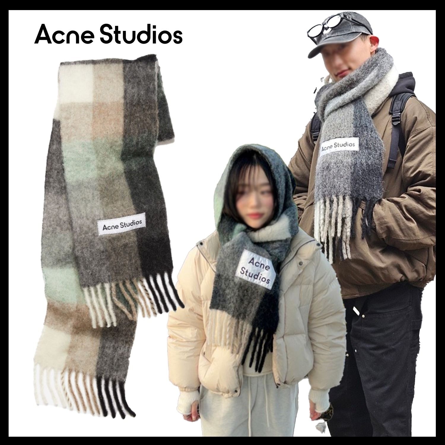 Acne Studios】Mohair Check Scarf Grey Green Black/追跡付 (Acne