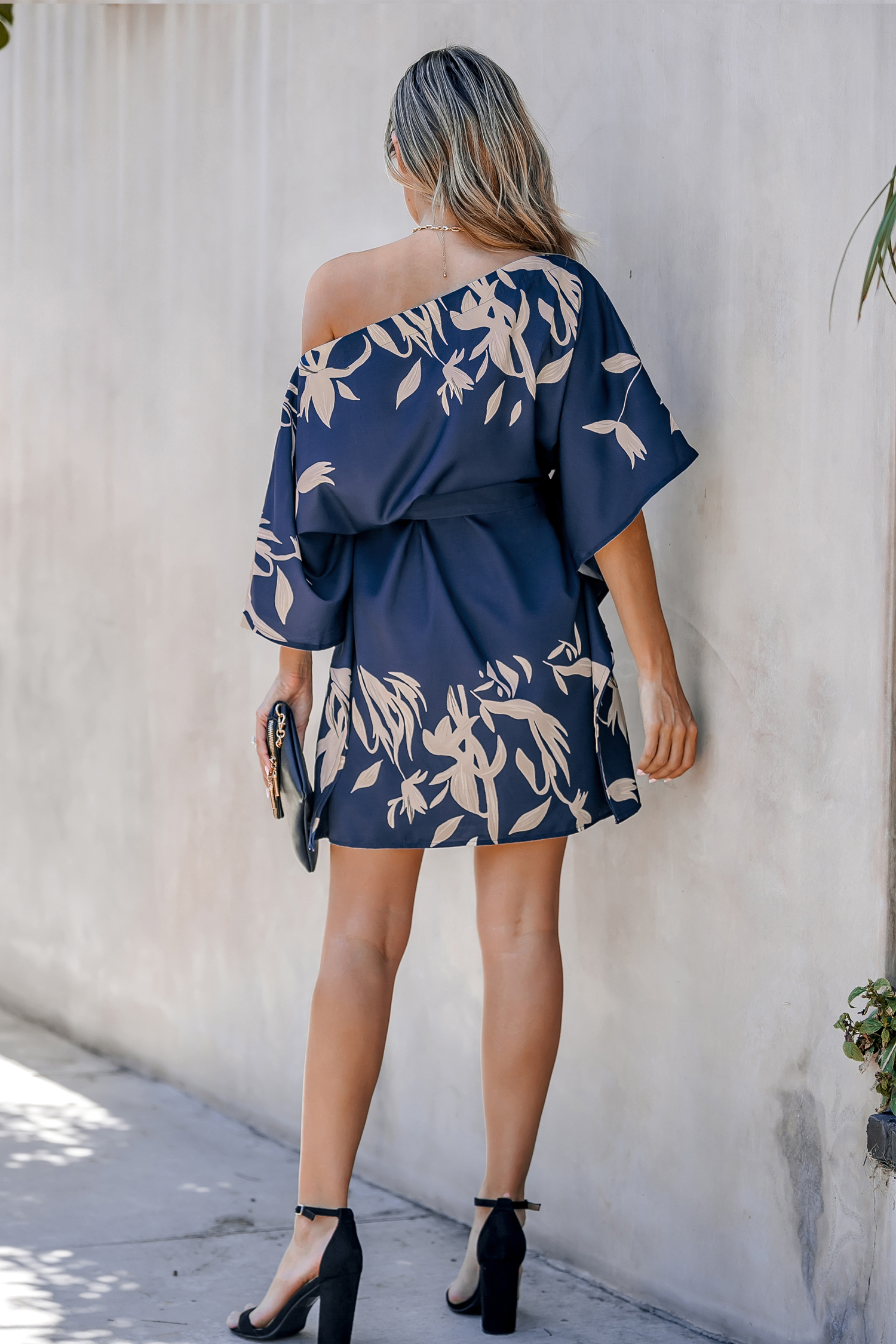 Leaf Print One-Shoulder Belted Dress | Sophisticated & Relaxed