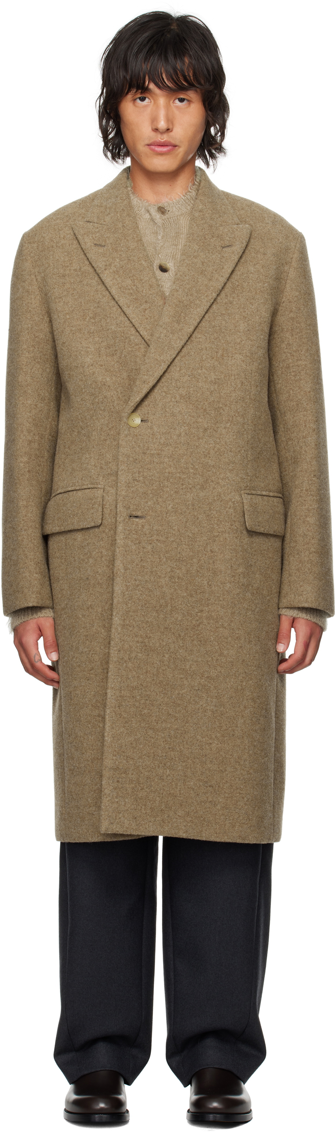 AURALEE Brown Sponge Wool Melton Chesterfield Coat Auralee
