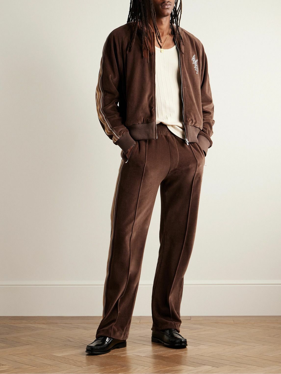 AMIRI - Stack Straight-Leg Striped Logo-Embroidered Cotton-Velour