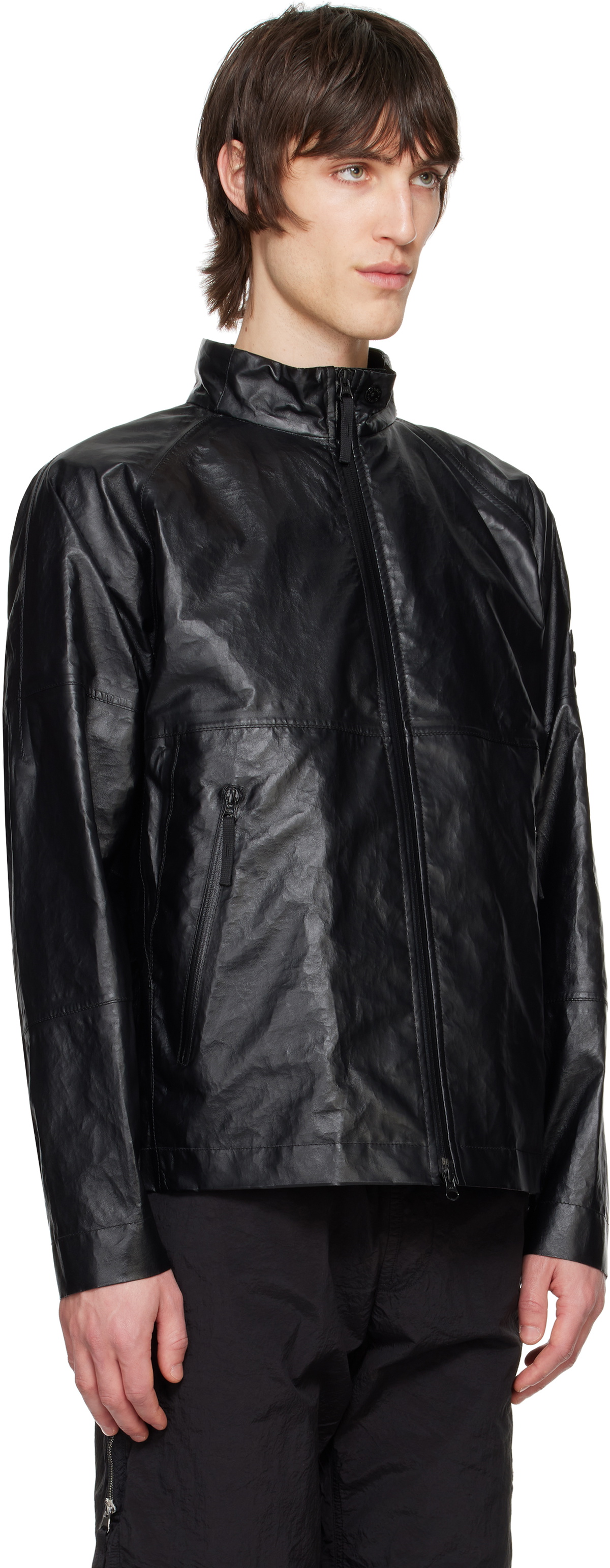 Stone Island Black Light Organza Leather Biker Jacket Stone Island