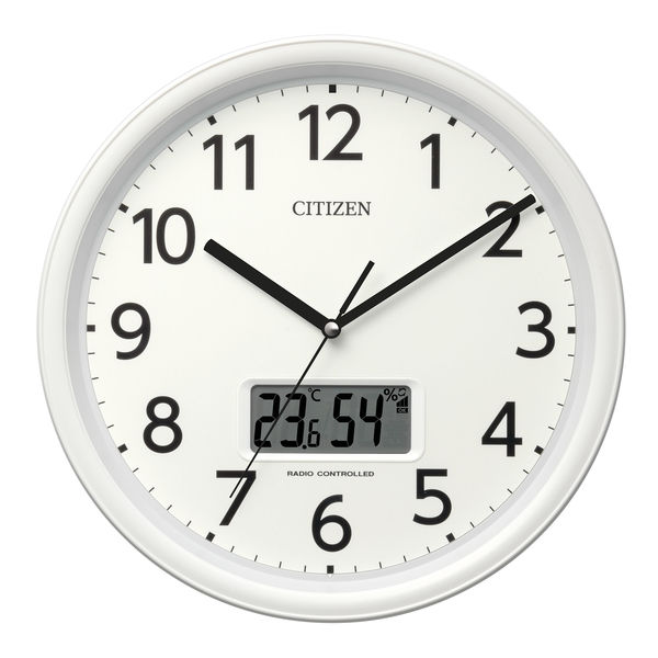 CITIZEN 掛け時計［電波 スイープ秒針 温湿度計 カレンダー］ 白 直径