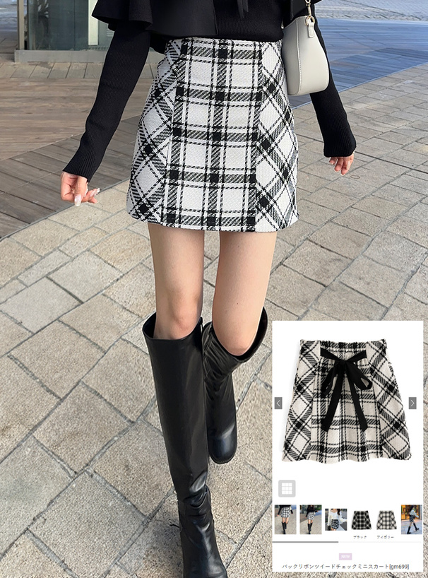 バックリボンツイードチェックミニスカート[gm699] | レディース